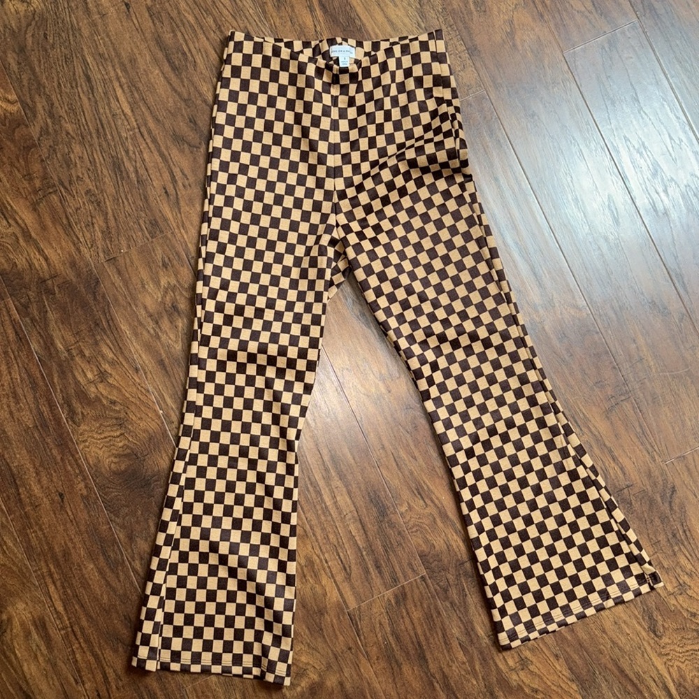 Checkerboard Flare Pants in Brown/Cream
